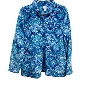 Chicos Fleece Sweater Pullover Womens LG Blue Floral Long Sleeve Side Pockets